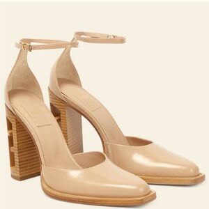 Fendi Beige Leather Heels with Wooden FF Cut Out Heel
